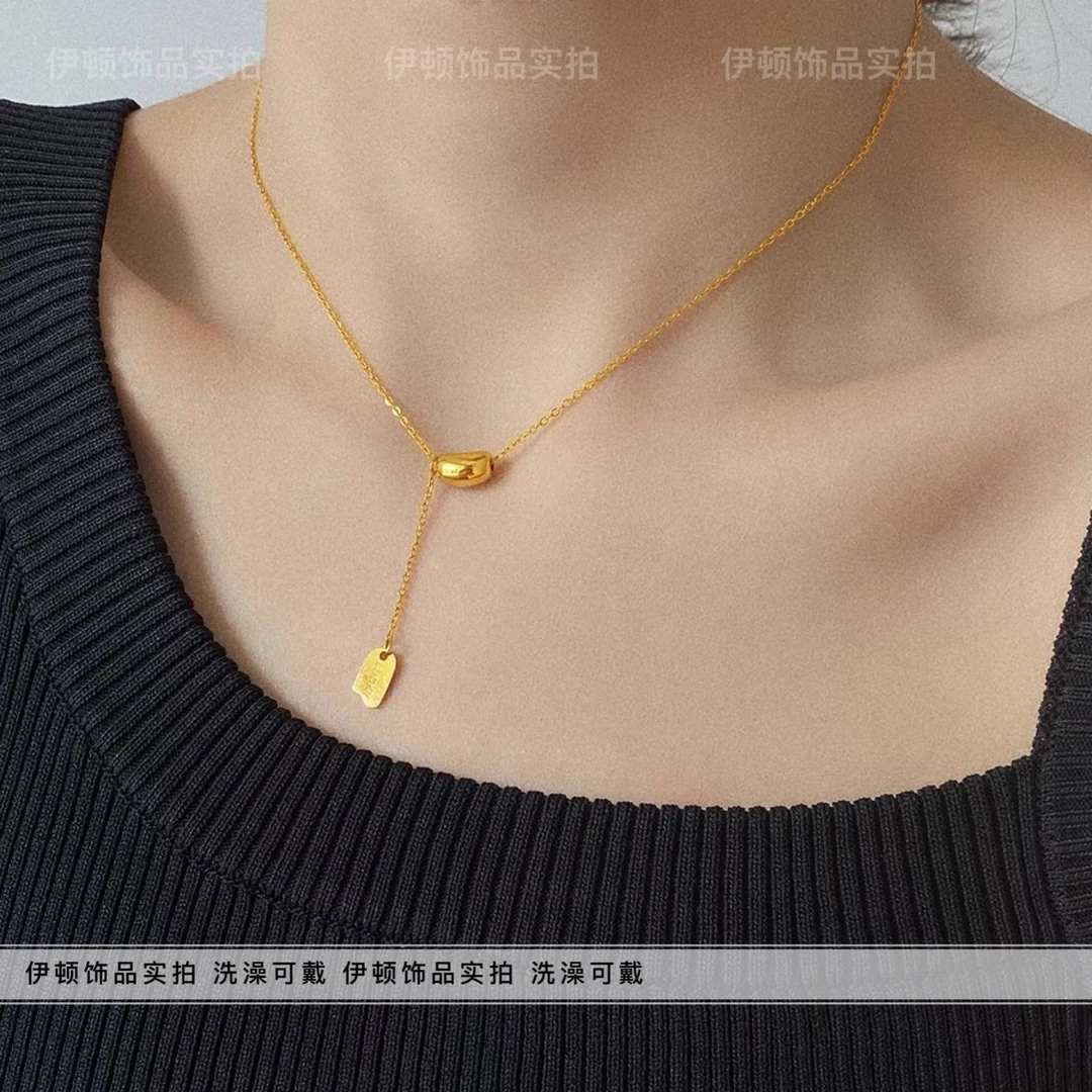 钛钢项链 【钛钢不掉色】小众简约幸运luck方牌流苏扁豆项链 锁骨链