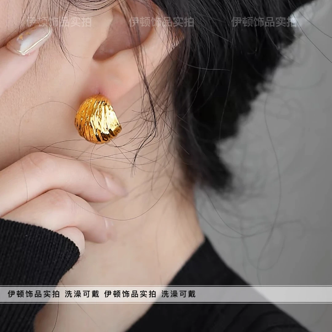 钛钢耳饰 气质ins小众弧形法式钛钢高级拉丝C形肌理感耳钉耳环