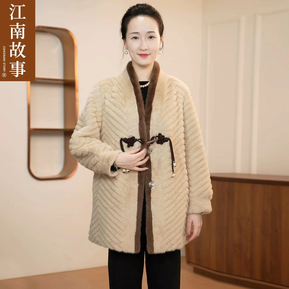 江南故事「清仓」妈妈装撞色外套加厚毛绒大衣中老年国风盘扣外套