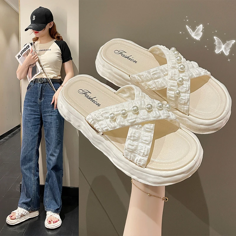 百搭交叉拖鞋女外穿时尚韩版小香风夏季外出珍珠凉鞋中跟沙滩凉拖