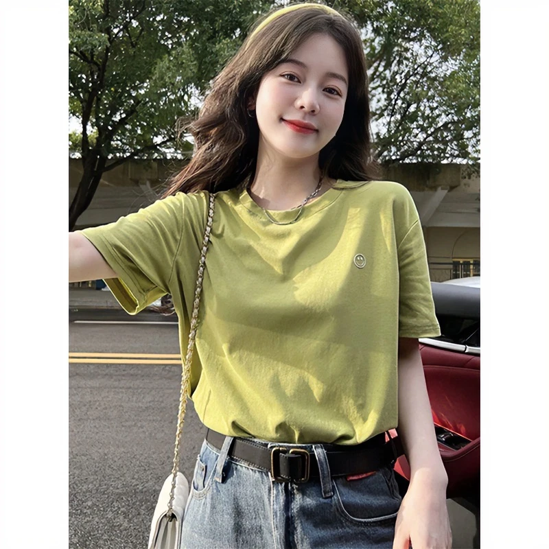 韩版绿色圆领短袖t恤夏季新款别致独特笑脸刺绣小衫宽松短袖上衣