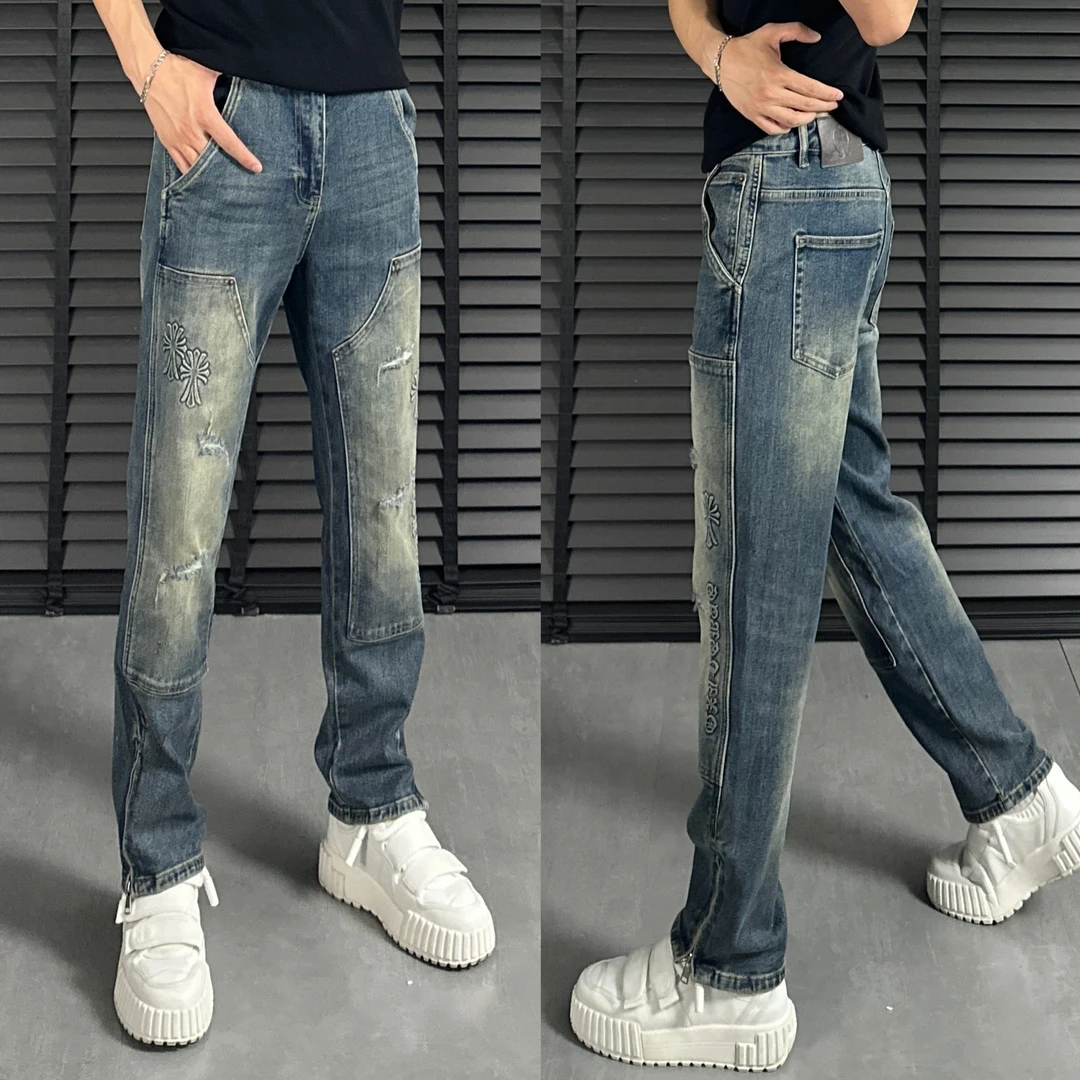 50080秋季2024新款男士时尚潮流牛仔裤直筒简约破洞百搭弹力压花