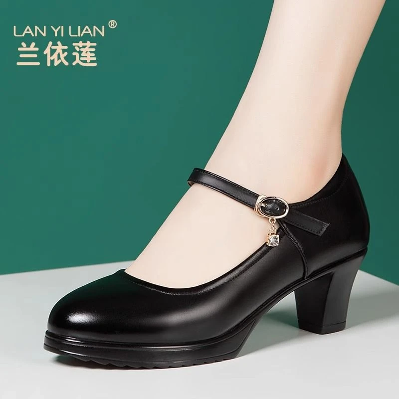 真皮走秀高跟鞋女厚底防水台旗袍模特训练专用鞋粗跟工作鞋上班族