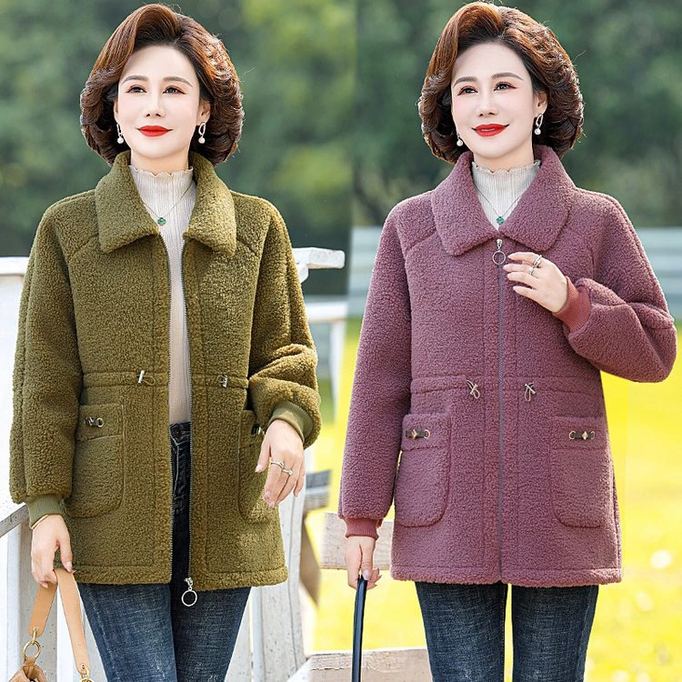 妈妈装加绒加厚翻领外套女简约时尚颗粒绒保暖上衣中老年大码棉衣