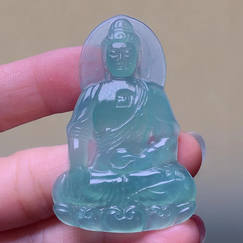 天然翡翠a货冰晴底大日如来玉挂件吊坠