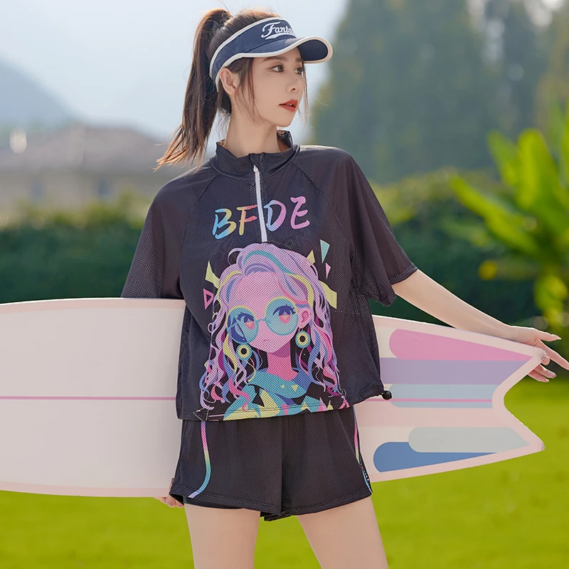 大码泳衣三件套夏季泡温泉宽松分体式短袖泳装带胸垫遮肉显瘦学生