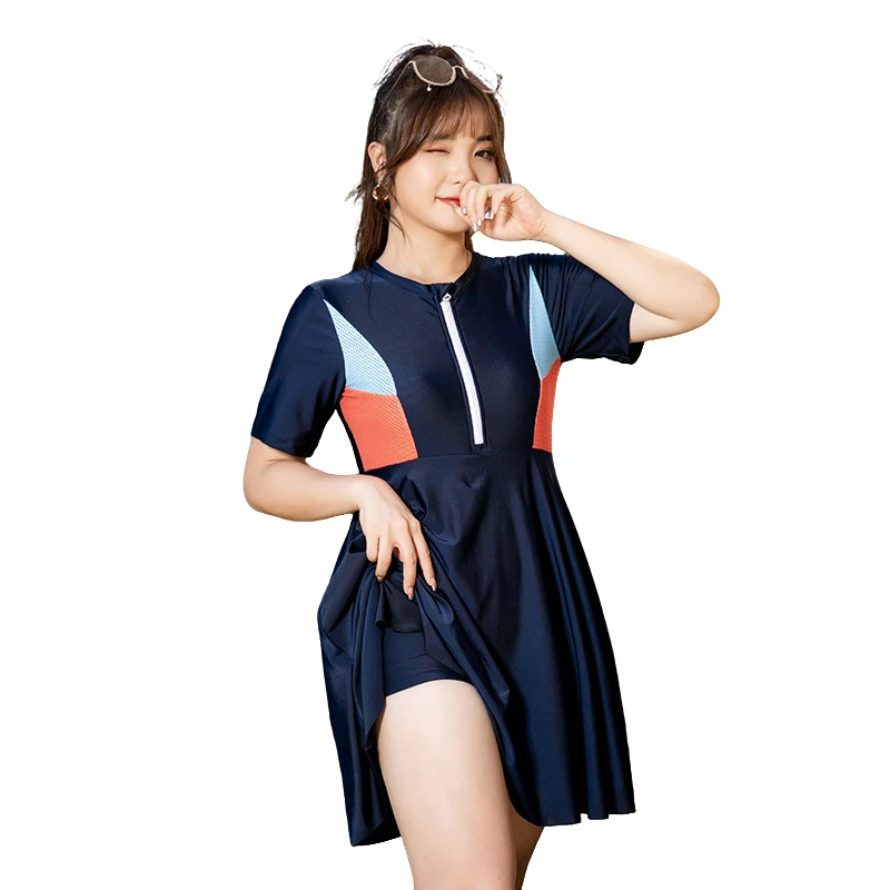 大码连体游泳衣夏季短袖学生运动泳装女式保守又好看遮肚显瘦胖MM