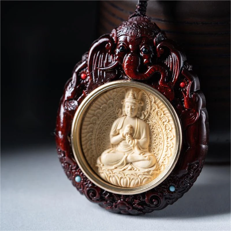 2024龙年十二生肖吉象款紫檀镶嵌黄杨木本命佛八大守挂件吊坠典藏