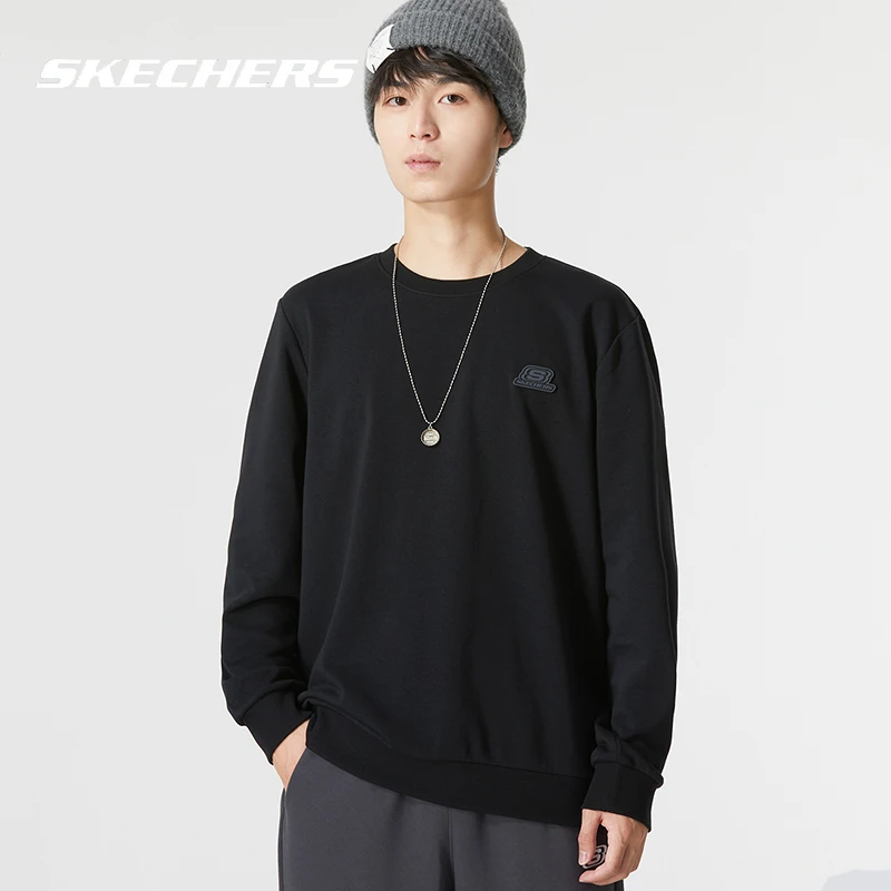 Skechers斯凯奇男子卫衣新款黑色圆领宽松休闲套头衫跑步运动上衣
