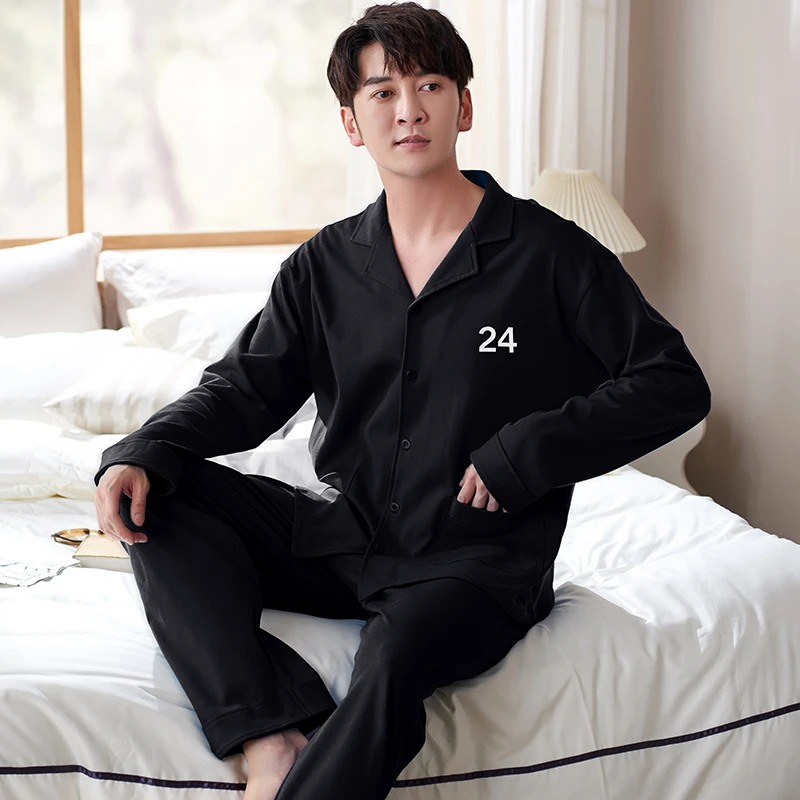 莉莉家睡衣男士加厚纯棉宽松黑色纯版长袖开衫情侣家居套装7027