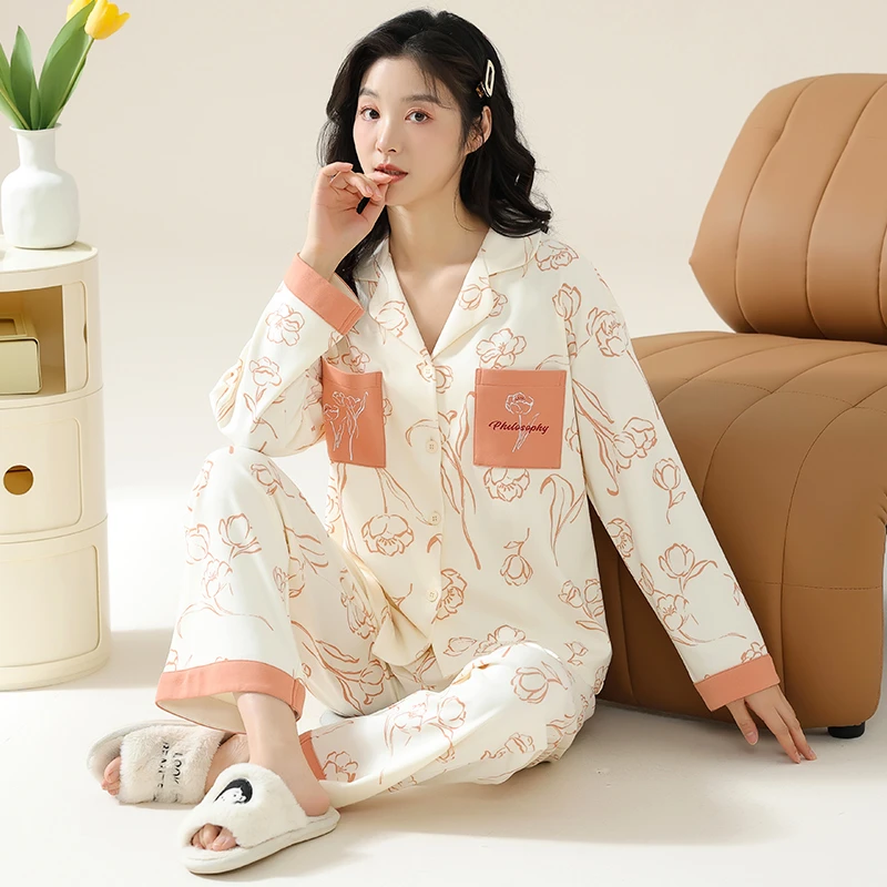 2025新款莉莉家睡衣女士加厚纯棉花卉长袖开衫家居服时尚套装