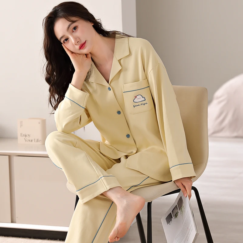 莉莉家睡衣女士加厚纯棉纯版云朵长袖开衫家居服大码套装35227