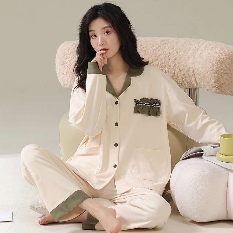 莉莉家睡衣女士加厚纯棉翻领开衫米杏色长袖秋冬保暖套装20787