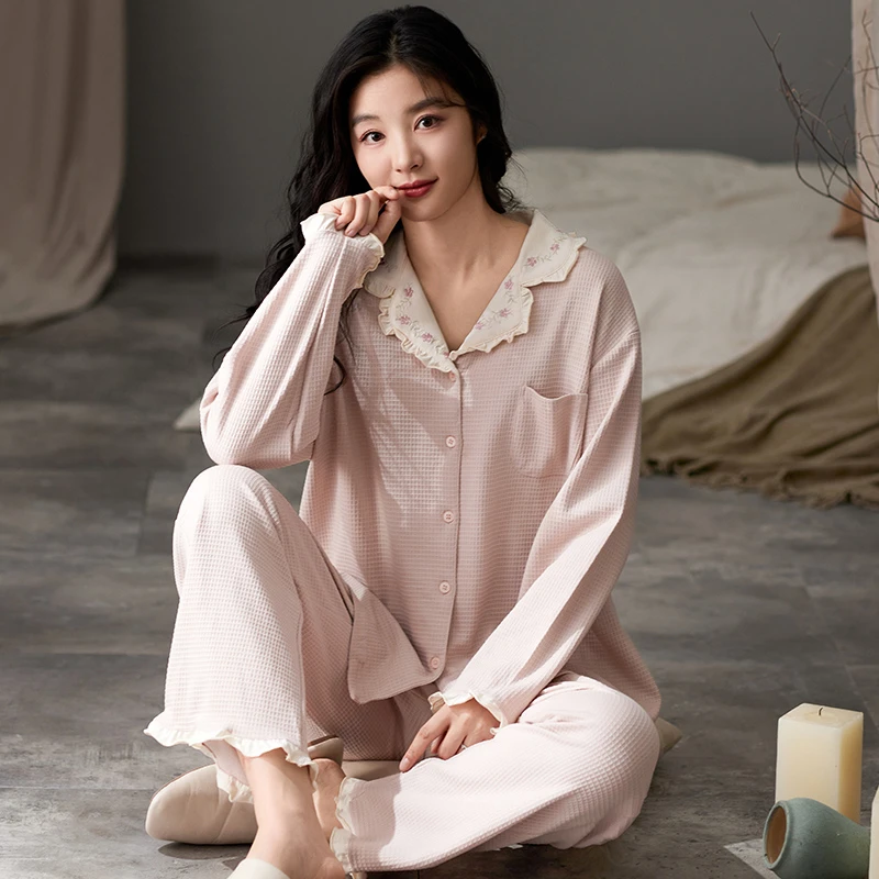 莉莉家女士新款2024加厚纯棉开衫长袖长裤粉色紫兰睡衣家居服外穿