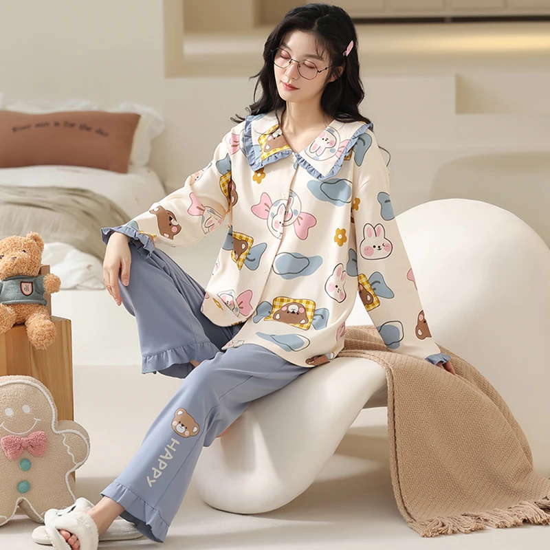 莉莉家睡衣女士加厚纯棉卡通可爱动物长袖开衫款家居秋冬保暖套装