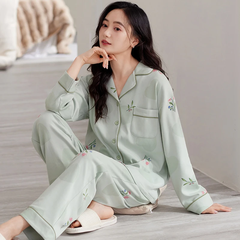 莉莉家女士2025新款纯棉开衫长袖长裤爱心绿叶睡衣家居服套装外穿