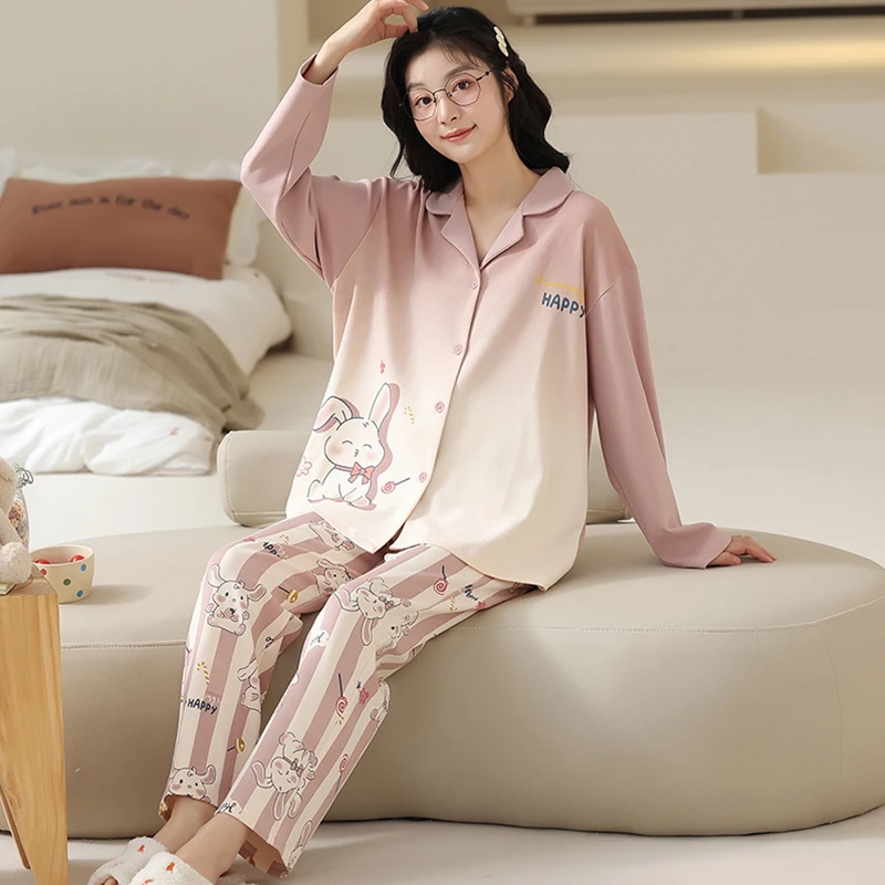 莉莉家睡衣女士加厚纯棉渐变粉开心兔长袖开衫款家居保暖套装