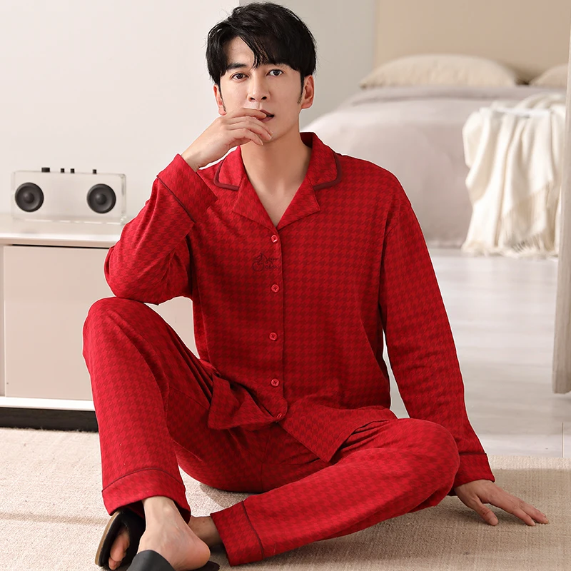 莉莉家睡衣男士宽松加厚纯棉红色千鸟格长袖开衫款家居服时尚套装