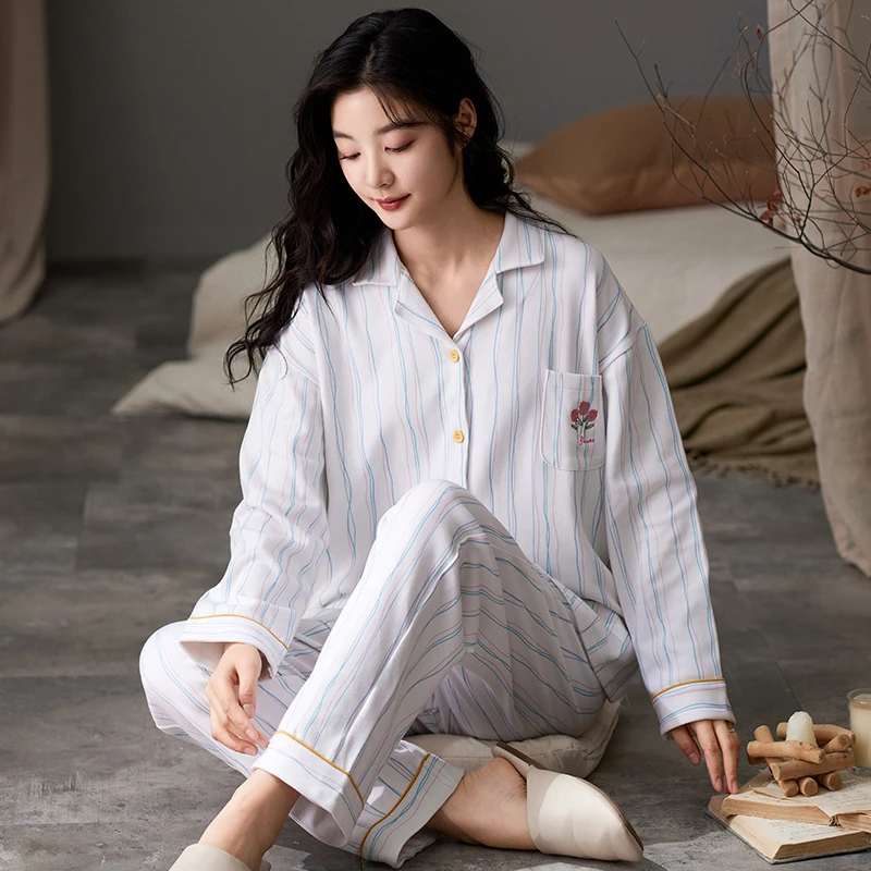 莉莉家女士2025新款纯棉开衫长袖长裤蓝红条纹睡衣家居服套装外穿