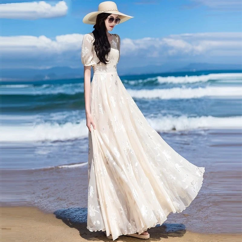 雪纺提花连衣裙女2022年夏季新款长款圆领修身显瘦气质大摆长裙子