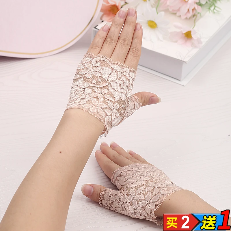 珍碧斯蕾丝短半指手套女夏薄款防晒露指遮疤纹身中长款透气护手腕