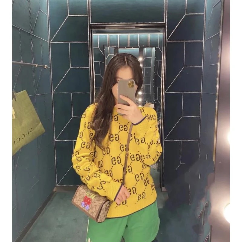 GUCCI/古驰yf1002 黄色满印双G毛衣 L码
