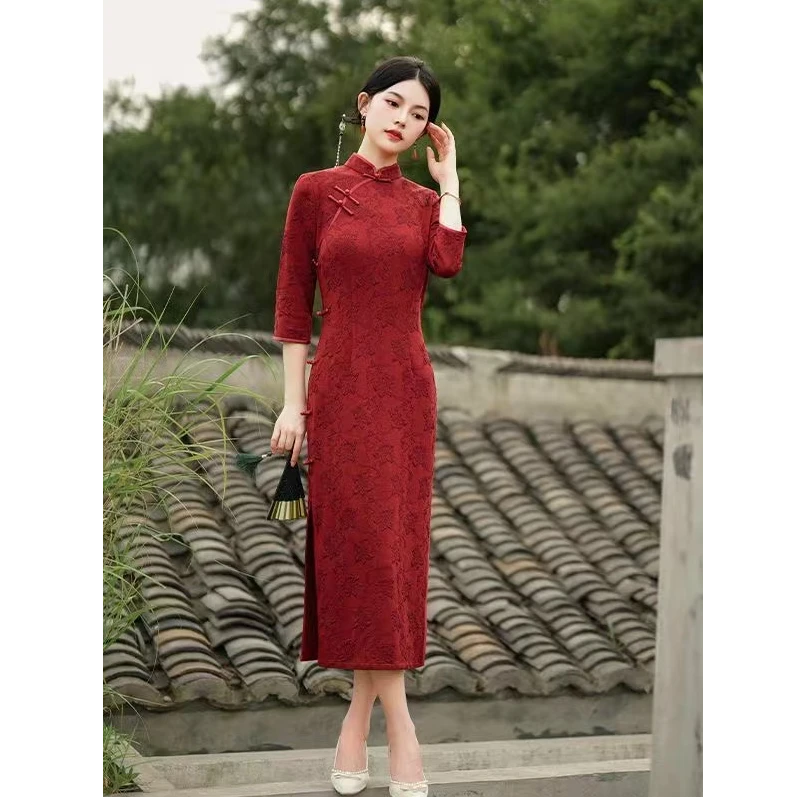 【东方韵】重工春秋夏款长袖旗袍修身显身材复古女生旗袍修身日常