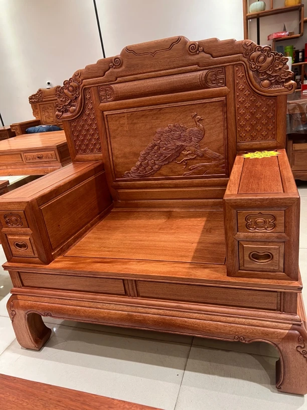 大孔雀沙发五件套 木质 雕花 客厅 新中式  古典别墅家用简约两用