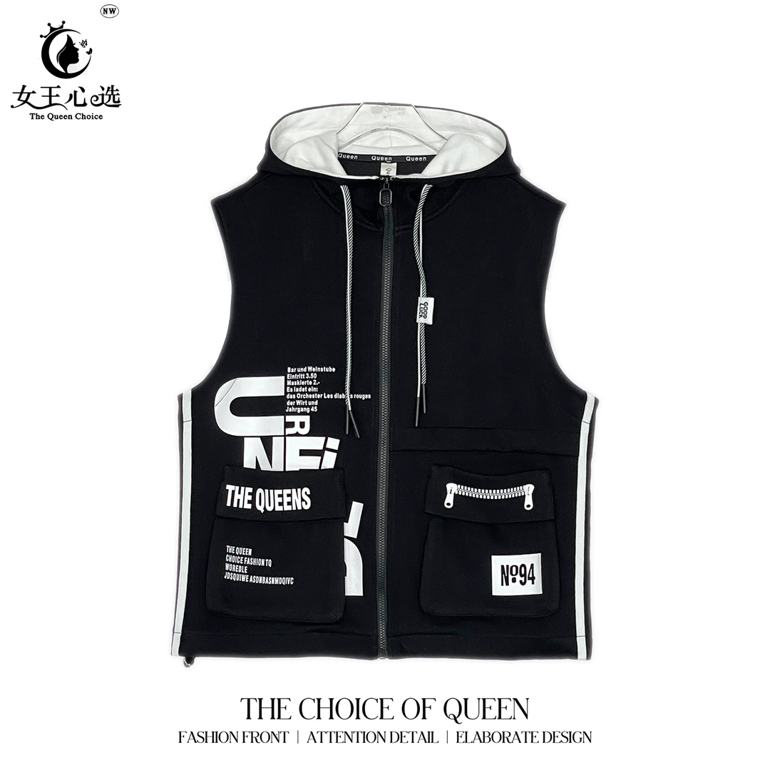 现货【衣圆圆Q】D96098春季新款连帽拉链1974马夹宽松款印花潮流