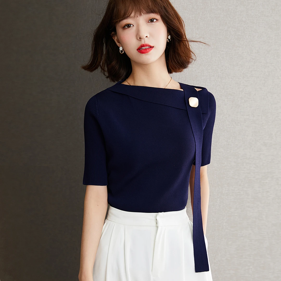 新款2024年夏款双曲珠针织漏肩简约气质藏蓝色短袖上衣
