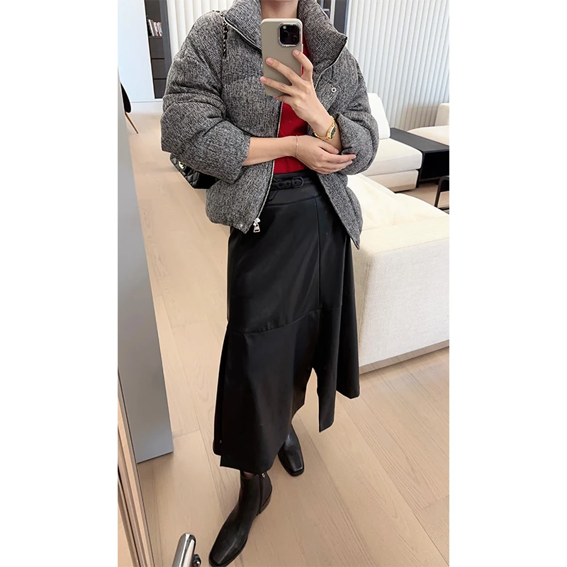 【特价捡漏】黑胶皮裙摩登酷飒分割拼接皮带中长款伞裙美洋MEIYANG