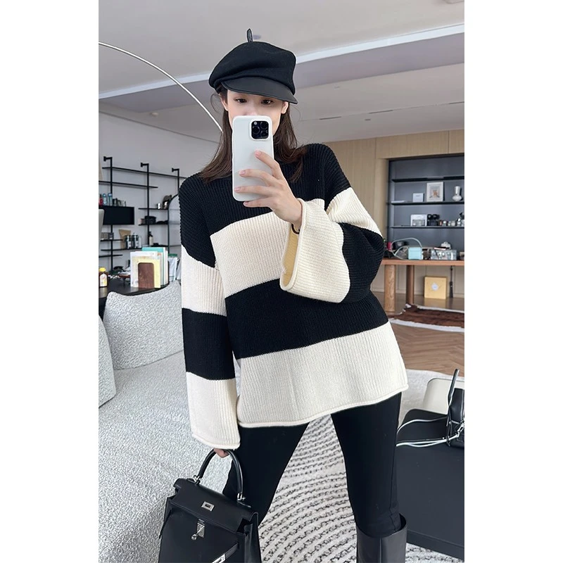 【特价捡漏】黑白时光毛衣 澳尼绒羊毛混纺条纹宽松针织衫