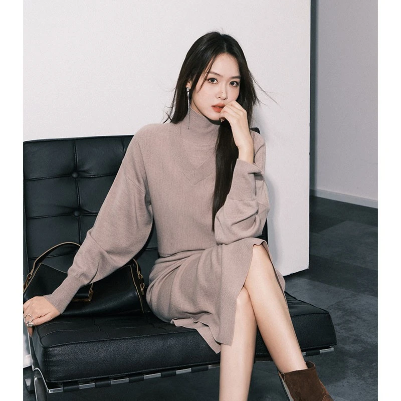 【特价捡漏】香槟针织套装 V领长袖毛衣直筒背心裙美洋MEIYANG