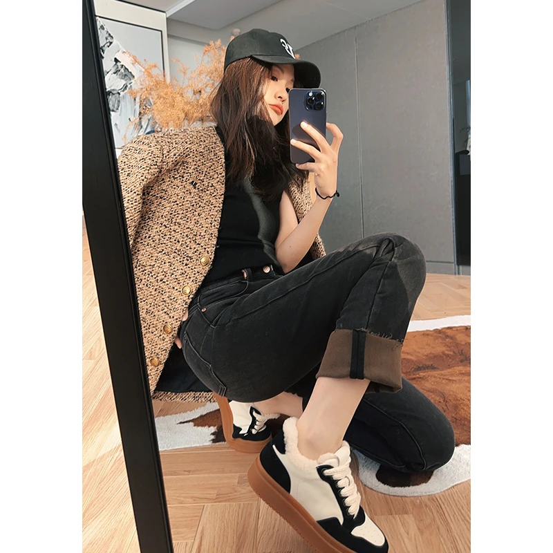 【秋冬优选】【50系列】翻盖拿铁牛仔裤 复古加绒翻折撞色直筒九