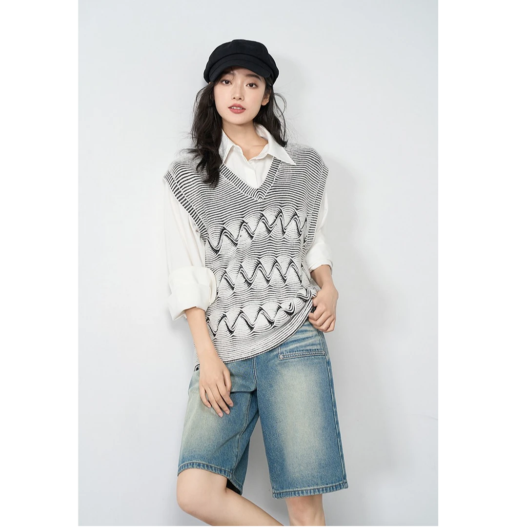 【特价捡漏】音浪针织马甲艺术趣味撞色V领背心美洋MEIYANG