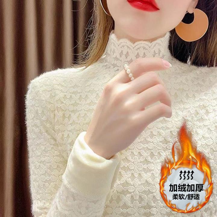 加绒加厚蕾丝打底衫女秋冬新款内搭高领洋气小衫磨毛保暖网纱上衣