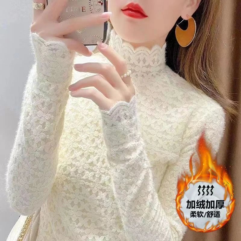 加绒秋冬蕾丝打底衫女高领大码胖mm内搭显瘦洋气保暖上衣百搭ins