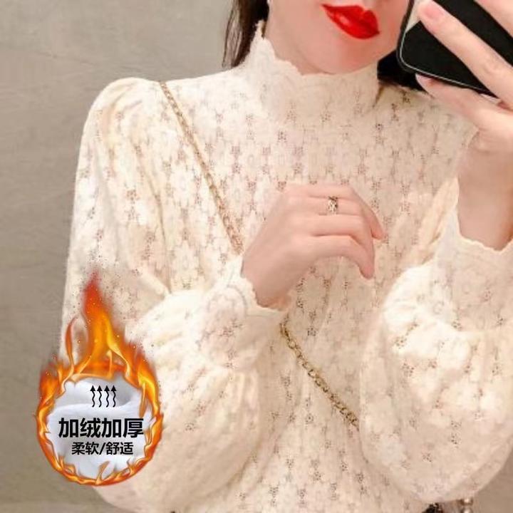 泡泡袖蕾丝衫女秋冬半高领磨毛雪纺衫加绒洋气内搭长袖上衣柔软
