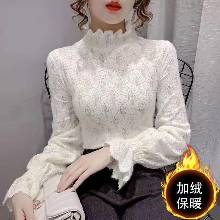 早春半高领加绒蕾丝打底衫女秋冬大码胖mm喇叭袖上衣洋气内搭衫潮
