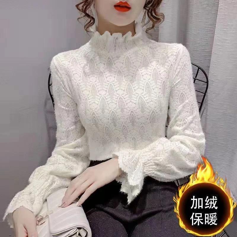早春半高领加绒蕾丝打底衫女秋冬大码胖mm喇叭袖上衣洋气内搭衫潮