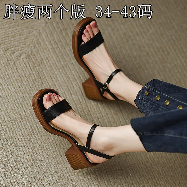 凉鞋女脚背高宽加肥加宽大码女鞋41-43百搭真皮粗跟高跟鞋高端42