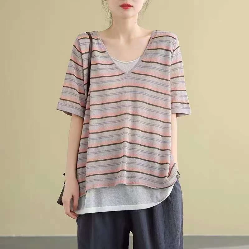 6808夏新款冰麻针织假两件V领T恤女显瘦复古文艺宽松薄款半袖上衣