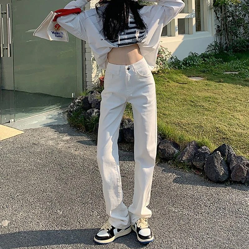 2024新款春秋白色韩系直筒牛仔裤女百搭显瘦弹力高腰阔腿垂感拖地