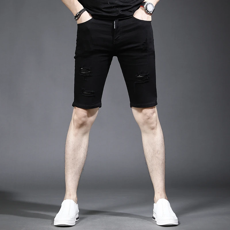 黑色破洞男士牛仔短裤五分裤夏季薄款潮牌休闲弹力高端男士中裤子