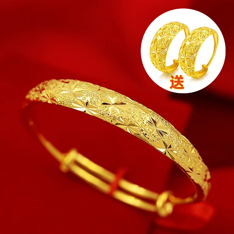 铜合金手镯 久不掉色金色送耳环送妈妈奶奶可调推拉满天星手镯