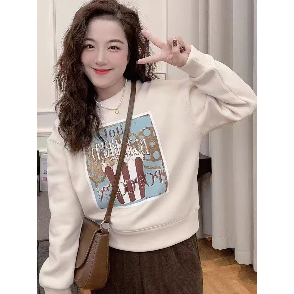 短款圆领加厚加绒卫衣女秋冬2024新款爆款时尚洋气宽松长袖上衣女