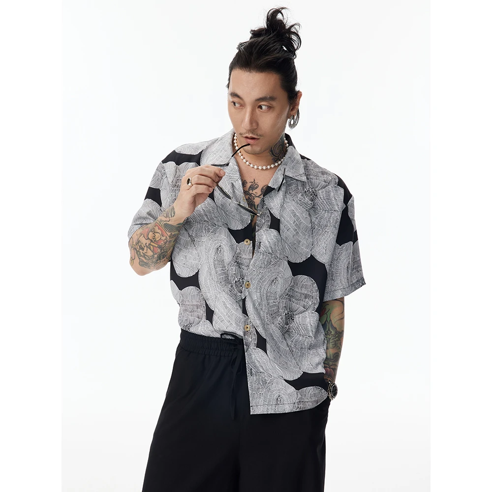 SHIZUKAUMI  夏威夷痞帅花衬衫短袖古巴领衬衣