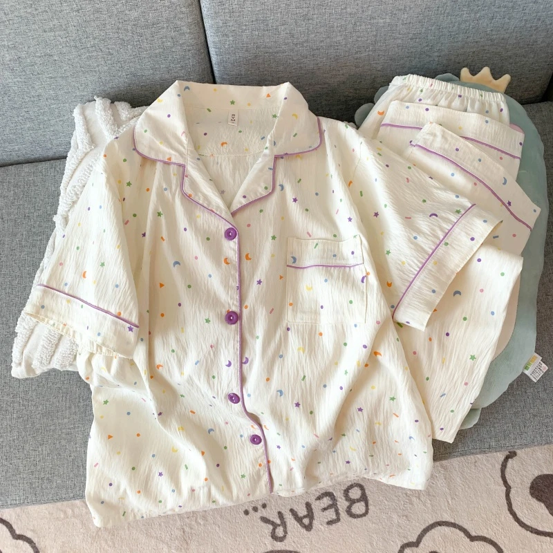 日系简约星星睡衣女短袖短裤长裤三件套宽松大码家居服可外穿套装