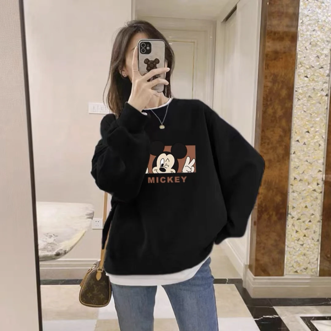 圆领套头打底衫加绒加厚卫衣女士秋冬季大码时尚上衣宽松韩版外套