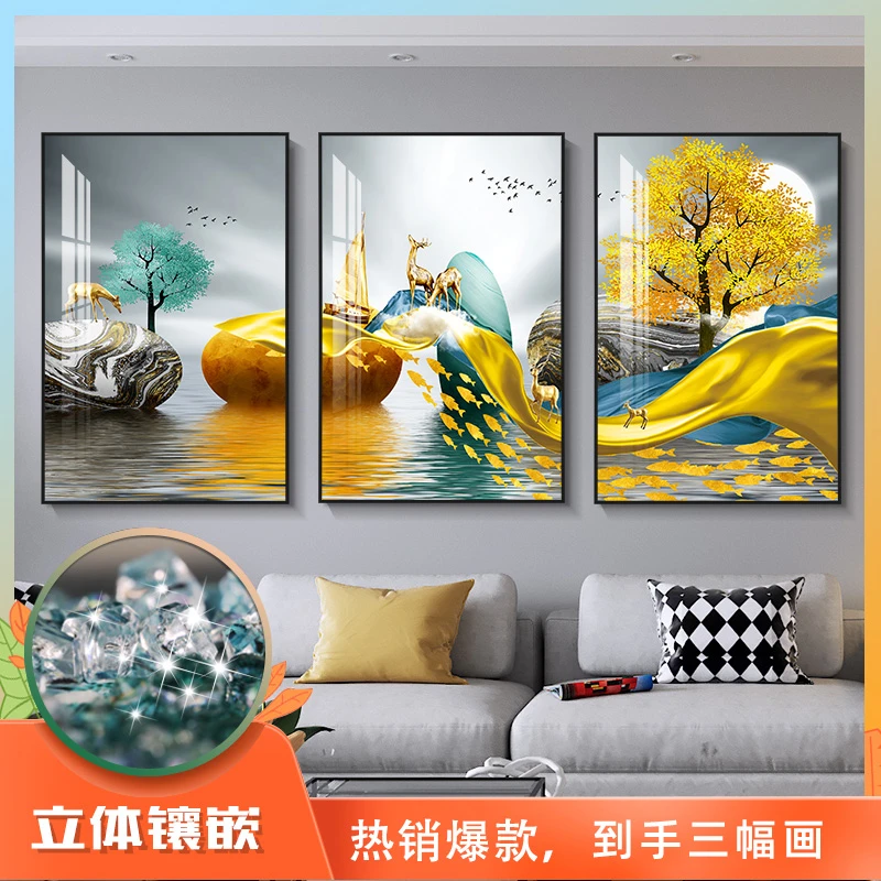 爱屋及屋【佳人】客厅晶瓷镶钻装饰画简约艺术沙发背景墙三联挂画
